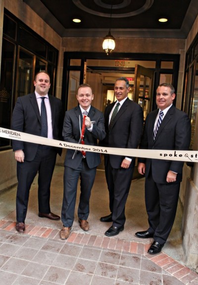 (L-R) Indianapolis Deputy Mayor of Economic Development Adam Collins, Le Méridien Indianapolis General Manager Nick Clark, Senior VP of Sales at Visit Indy, Daren Kingi, and President of the Indiana Restaurant and Lodging Association Patrick Tamm cut the ribbon at the Grand Opening of Le Méridien Indianapolis, 123 South Illinois Street, on Thursday, December 4. Photography by Stacy Newgent